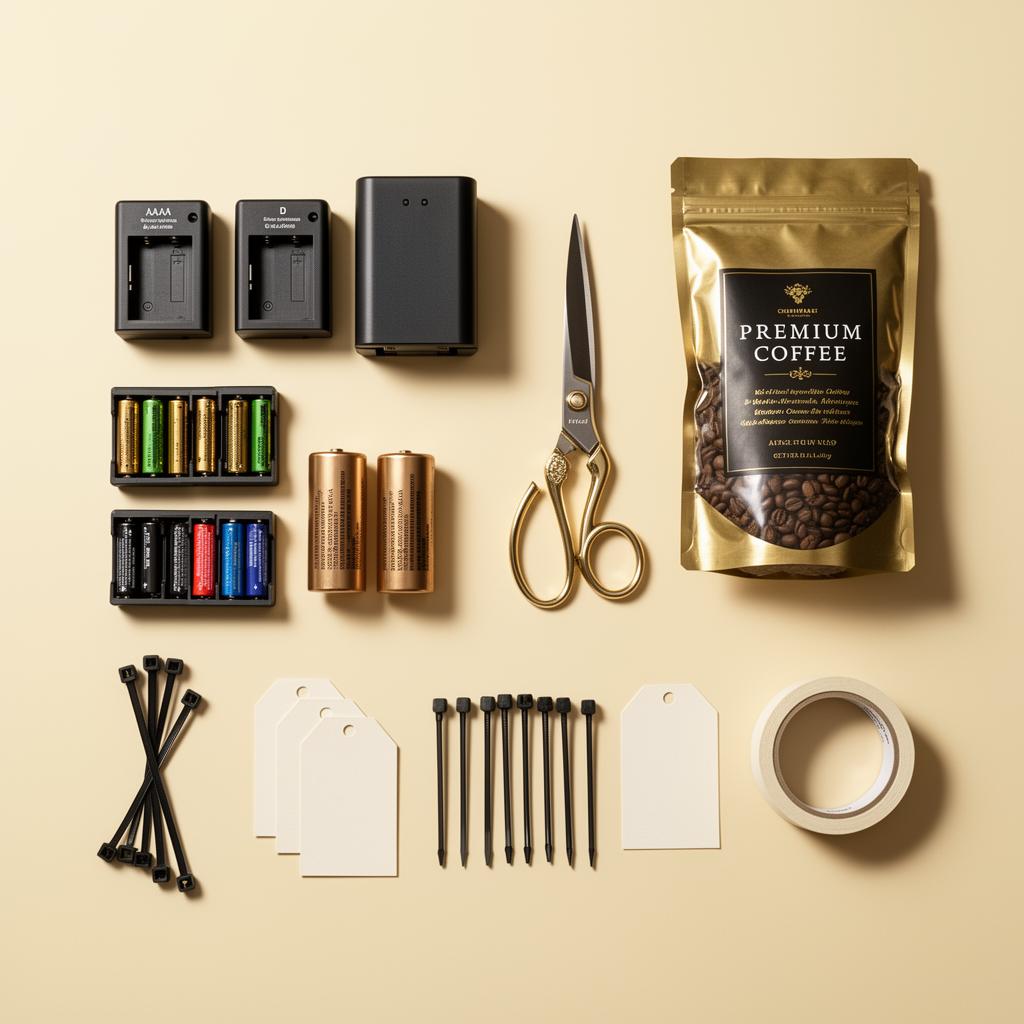 The Santa Prep Box contents - batteries, scissors, coffee, and more laid out neatly